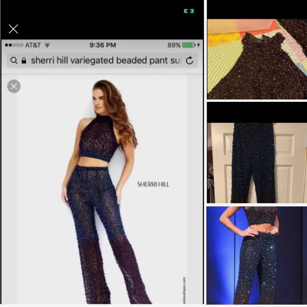 Sherri Hill, 2 piece couture jumpsuit. Size 4.
Ombré purple/blue beadwork.